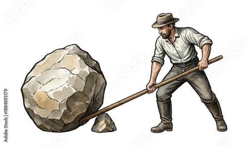 Caucasian man in a hat uses a long wooden pole as a lever to move a huge rock demonstrating determination and effort