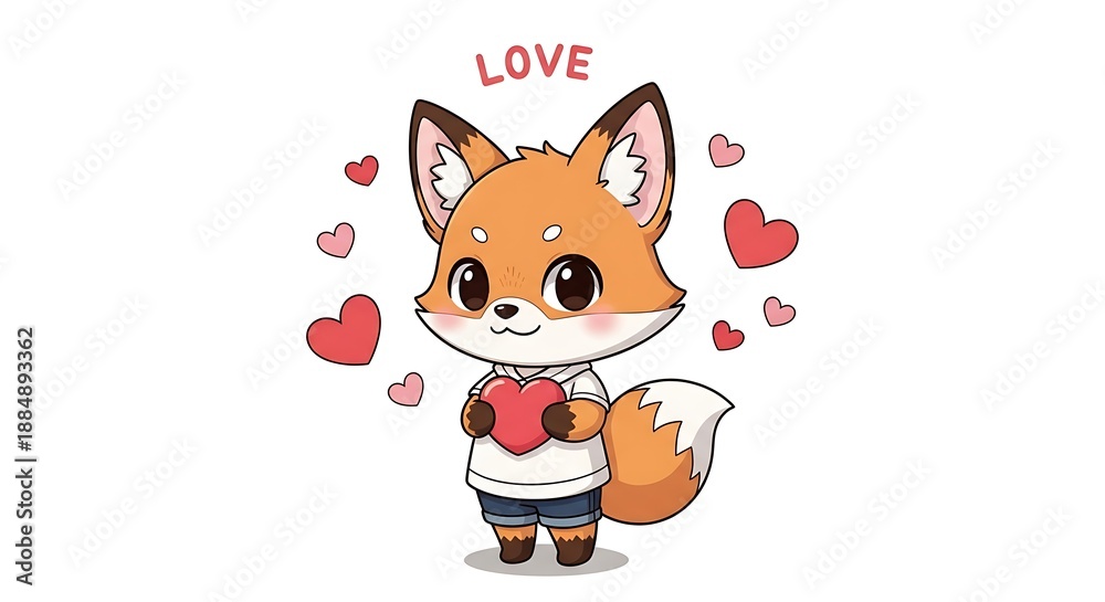Obraz premium Adorable Cartoon Fox Holding Heart, Surrounded by Love Hearts, White Background.