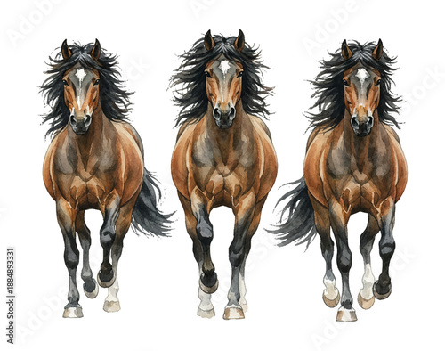 Three brown horses running with flowing manes and tails white blaze on forehead energetic powerful