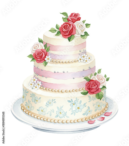 Three Tiered Wedding Cake Decorated with Pink Stripes Red and White Roses and Floral Patterns Watercolor