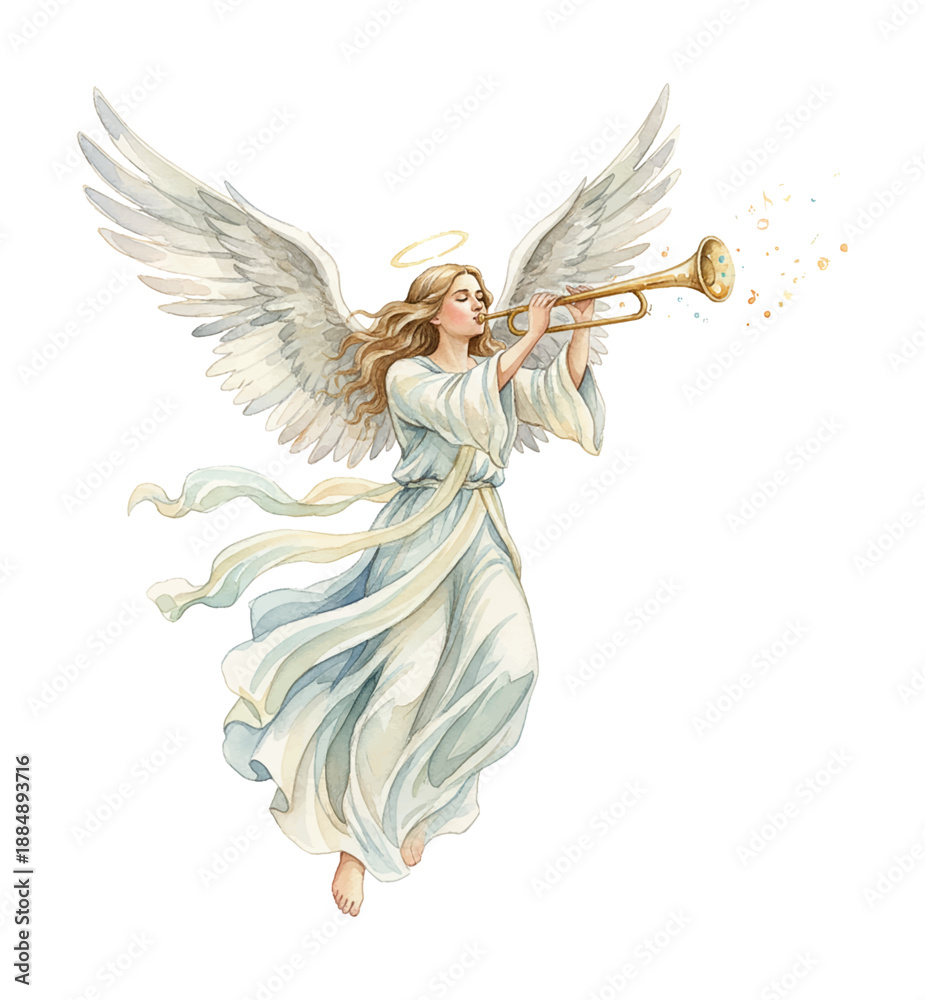 Fototapeta premium Beautiful Angel Woman Playing a Golden Trumpet with Serene Expression in a Divine Watercolor Illustration