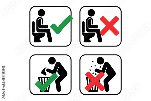 A set of toilet etiquette signs indicating proper and improper bathroom behavior