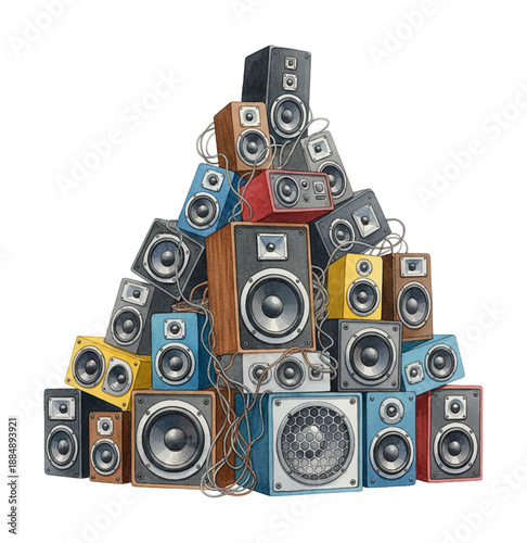 Large colorful pile of assorted audio speakers and subwoofers with tangled wires forming a music stack