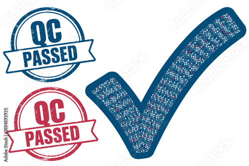 A quality control stamp and checkmark on a white background indicating approval and verification