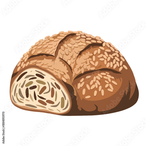 Whole wheat bread with seeds isolated on white background, Vector, illustration
