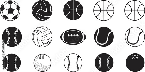 Adobe Stock Title Black silhouette collection of various sports balls including soccer basketball football tennis and baseball isolated on white background for athletic design projects