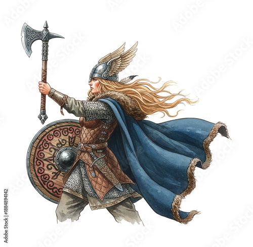 Blonde female Viking warrior holding a battle axe and shield with a determined and powerful expression in a fantasy illustration