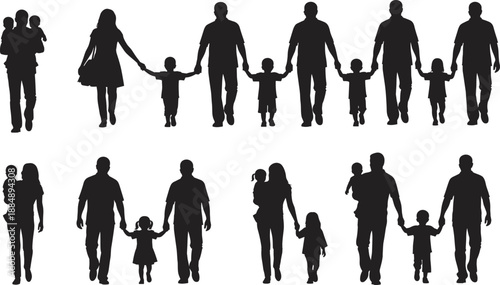 Black and white vector collection of family silhouettes walking together including parents holding hands with children for architectural visualization site plans and social lifestyle design
