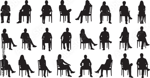 Black and white vector collection of sitting people silhouettes on chairs for architectural visualization interior floor plans office scale figures and casual lifestyle design elements