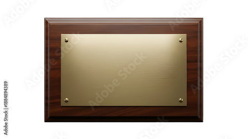 Dignified blank plaque of polished dark wood with reflective gold plate, isolated on transparent background. Perfect for awards, corporate recognition, memorial designs, achievements, graduations,