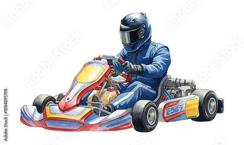 Focused go kart racer in blue suit and helmet drives a vibrant kart on a track watercolor painting
