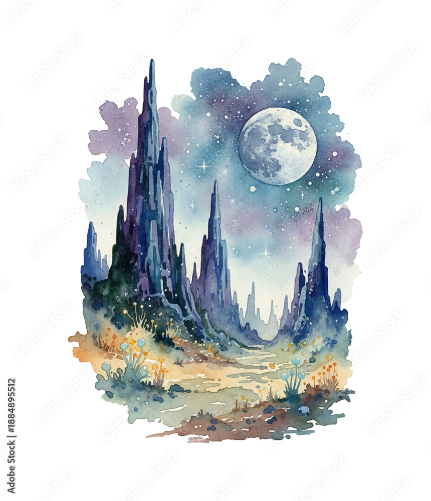 Obraz premium Mystical watercolor fantasy landscape featuring jagged rock formations a glowing full moon and a starry night sky