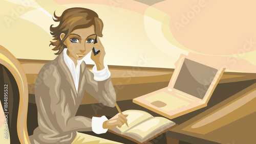 A cartoon character answers a work call, sitting at an elegant desk with an open laptop and a professional expression.