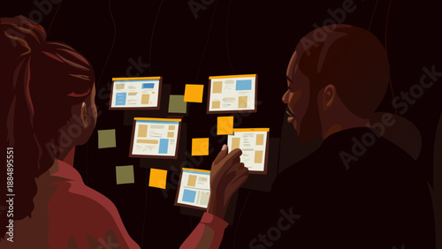 Cartoon professionals collaborating on a creative project, canvases with design and colorful post-it notes.