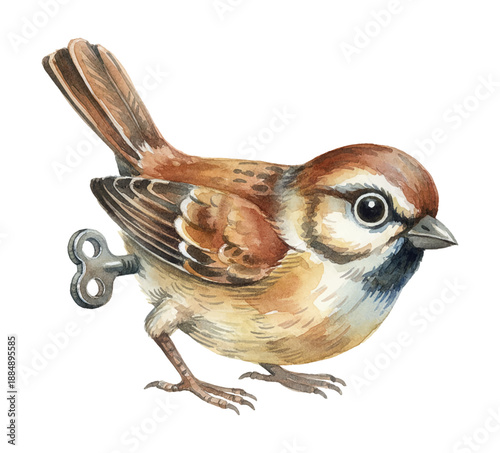 Cute brown sparrow bird with a windup key on its side standing with a curious expression detailed watercolor