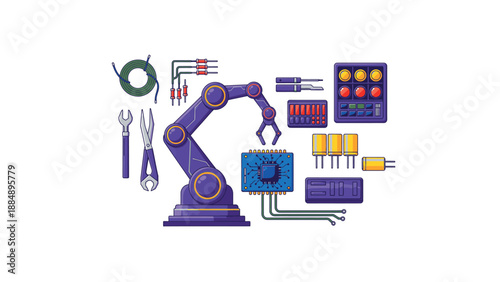 Industrial robotic arm with various mechanical parts and tools.