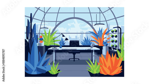 Modern greenhouse office workspace with futuristic technology and lush plants.