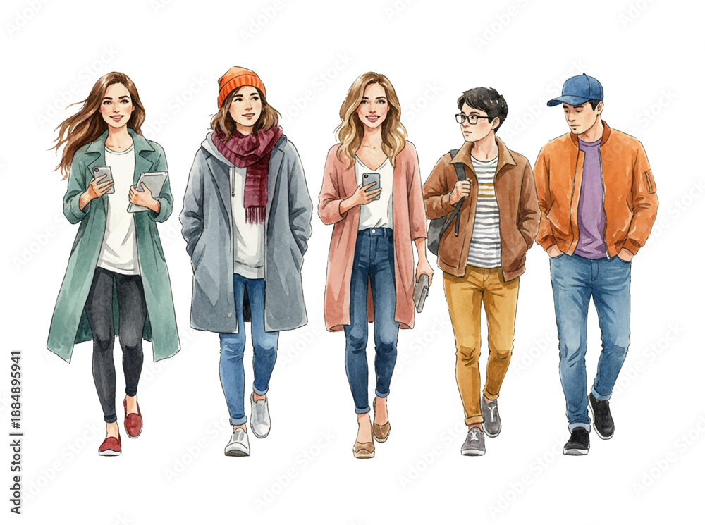 Fototapeta premium Diverse young people walking together with happy expressions in modern autumn fashion holding mobile phones