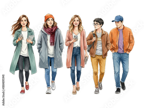 Diverse young people walking together with happy expressions in modern autumn fashion holding mobile phones