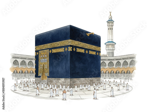 Muslim men pilgrim performing sacred Tawaf around the holy Kaaba building with mosque minaret in the background