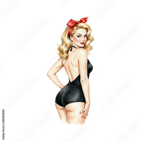Seductive Caucasian pinup woman with blonde hair and a red bow smiling playfully in a black backless swimsuit