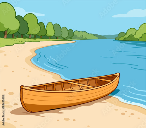 Φωτογραφία Cartoon Wooden Canoe on Sandy Riverbank with Forest Landscape