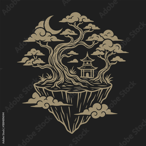 Mystical Floating Island Illustration with Ancient Pagoda, Gnarled Tree, and Crescent Moon
