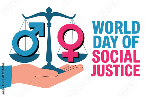 A hand holding a scale with male and female symbols on World Day of Social Justice