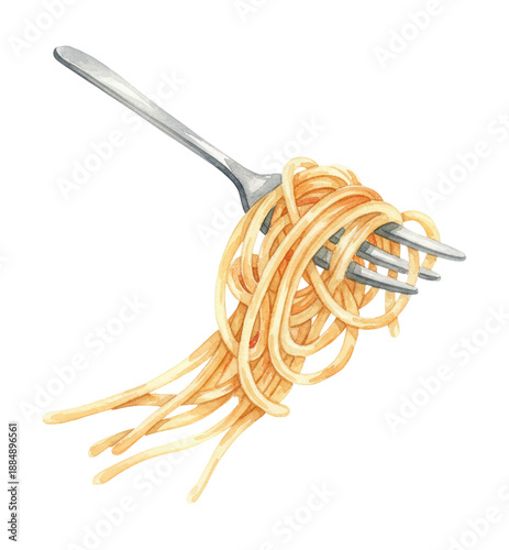 Delicious spaghetti noodles twirled perfectly around a shiny silver fork ready to eat in a watercolor illustration