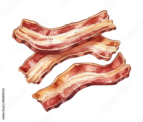 Delicious Crispy Bacon Strips Hand Painted in Watercolor Style Perfect for Breakfast and Meals