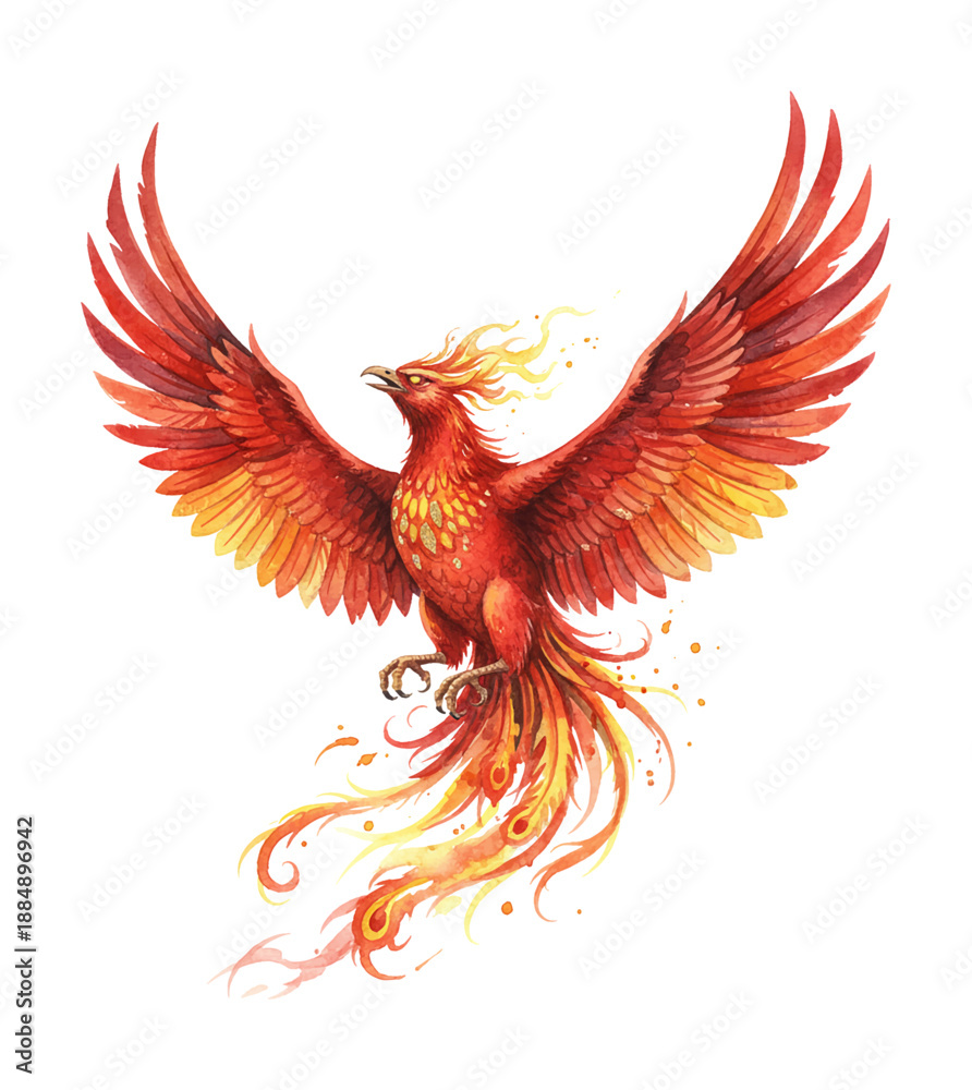Obraz premium Majestic Phoenix Bird Soaring with Fiery Wings and Flowing Tail Vibrant Watercolor Art