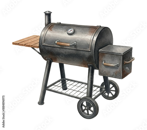 Rustic Barbecue Smoker Grill with Wooden Table and Wheels Watercolor Illustration on White Background