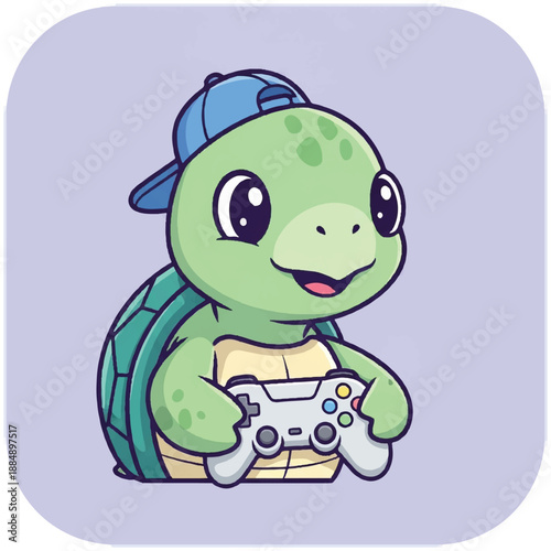 Cartoon Turtle Holding Game Controller.