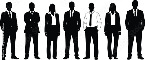 Vector illustration of seven business professional silhouettes, men and women in corporate attire, diverse poses for design, workplace diversity, animation, and communication reference
