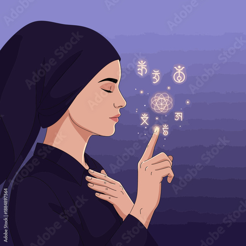 Woman with headscarf touching glowing esoteric symbols and sacred geometry