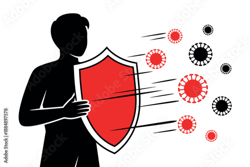 A person holding a shield protects themselves from viruses and germs.