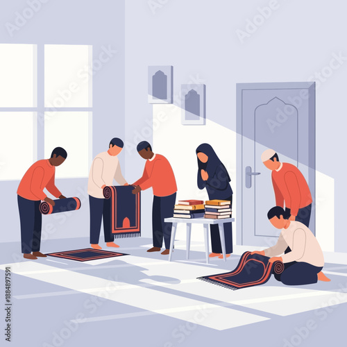 Diverse group preparing prayer rugs for Islamic worship in a bright room