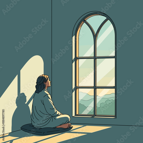 Woman meditating by arched window with mountain view during sunrise