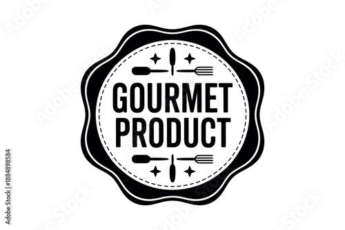 A gourmet product logo with a knife, fork, and spoon on a white background