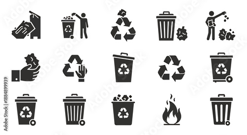Set of black and white icons representing waste management and recycling concepts.