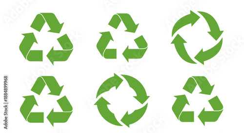 Set of six green recycling symbols representing environmental sustainability and eco-friendly practices.