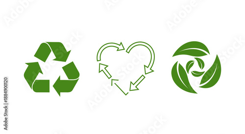 Set of green eco friendly and sustainable recycling symbols.