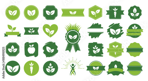 Set of green eco friendly and organic product icons with nature and health themes.