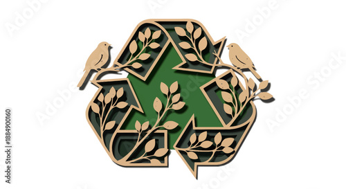 Eco-friendly wooden recycling symbol with green background and natural leaf design.