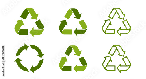 Set of six green and white recycling symbols representing environmental sustainability and waste reduction.