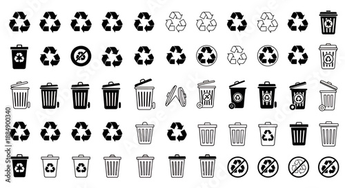 Set of various black and white recycling and trash bin icons for waste management.