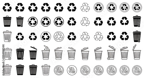 Collection of various black and white recycling and trash bin icons in different styles.