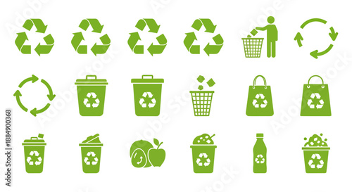 Set of green eco-friendly recycling and waste management icons.