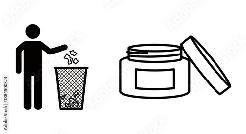 Person throwing trash into a waste bin next to an open jar container.