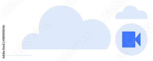 Cloud storage, online streaming, video sharing, digital backup, data management, content delivery. Blue cloud with a video camera icon. Cloud storage and online streaming